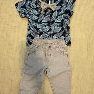 Blue Leaf Print Shirt and gray pinstripe Pants and tie set